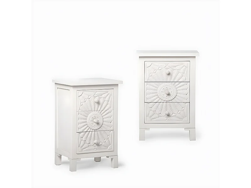 Mesita de noche 3 cajones de Madera Blanco decapado 70 x 45- Indra