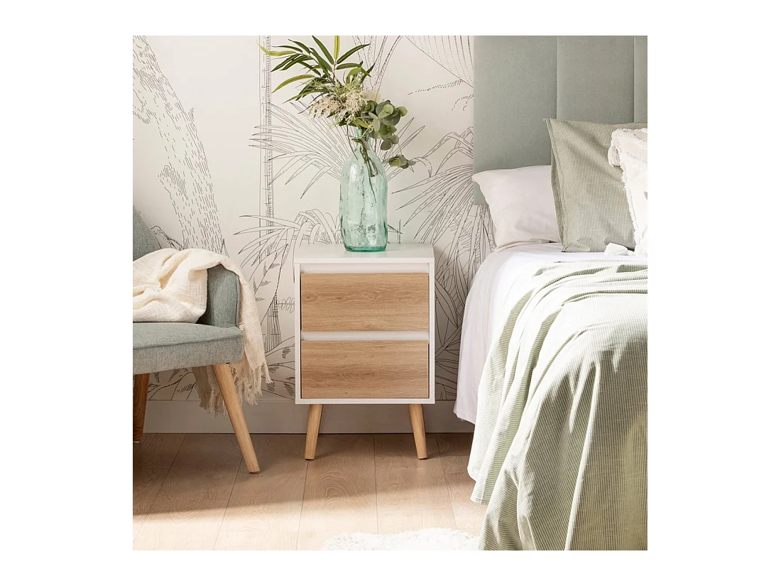 Table de chevet 2 tiroirs en laqué blanco-natural 40x59 cm-Kemi