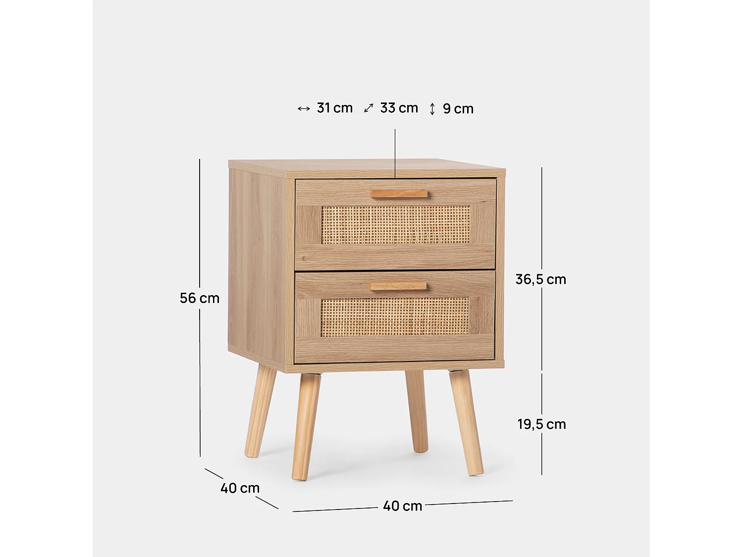 Table de chevet 2 tiroirs en rotin naturel 40x56 cm-Tahiti