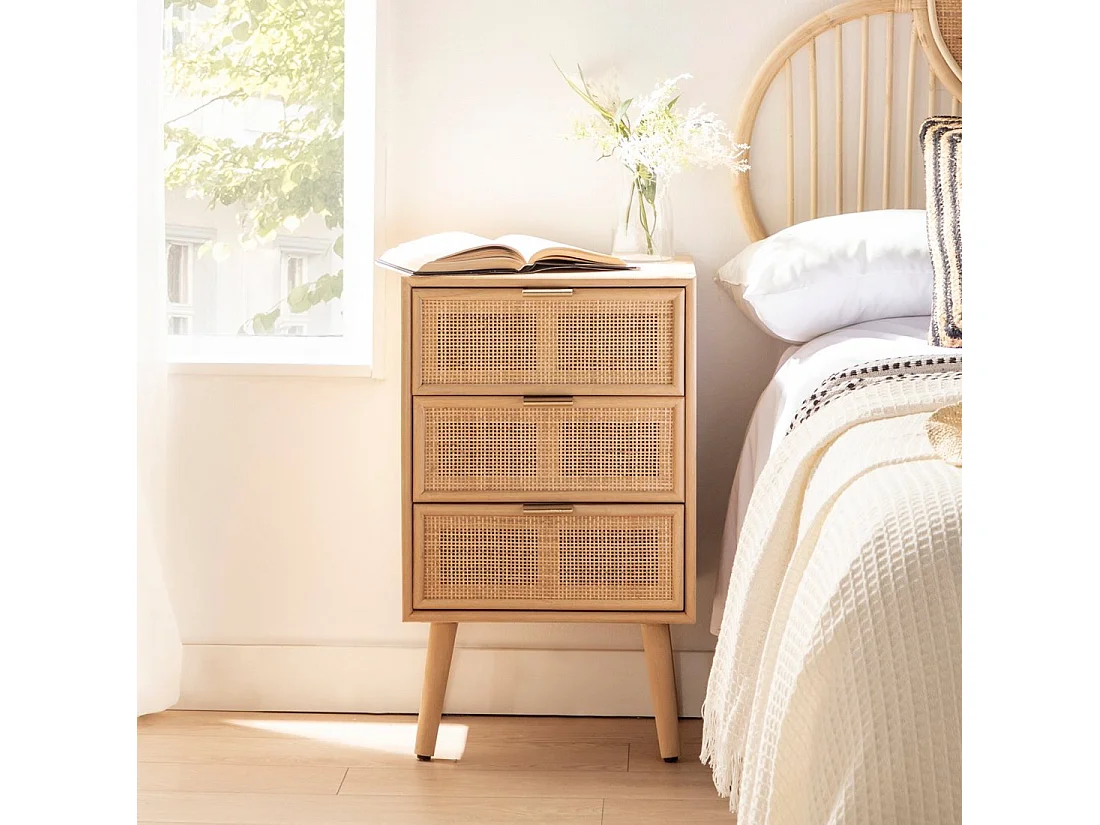Table de chevet 3 tiroirs en rotin naturel 42x71 cm-Alis