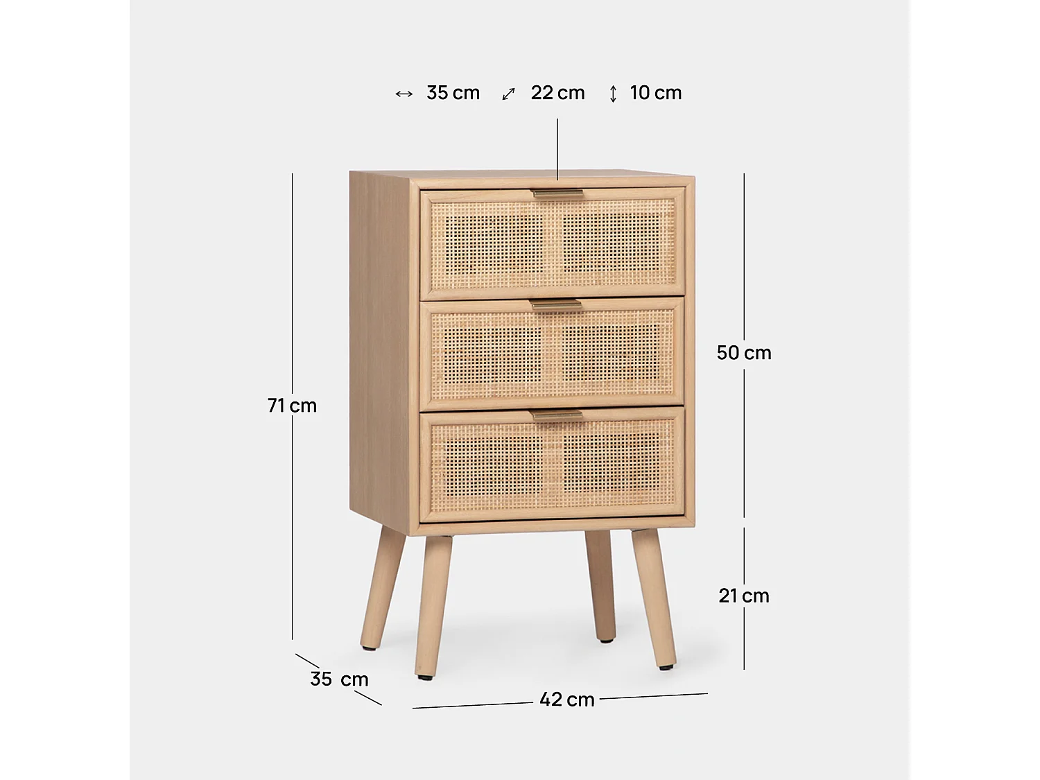 Table de chevet 3 tiroirs en rotin naturel 42x71 cm-Alis