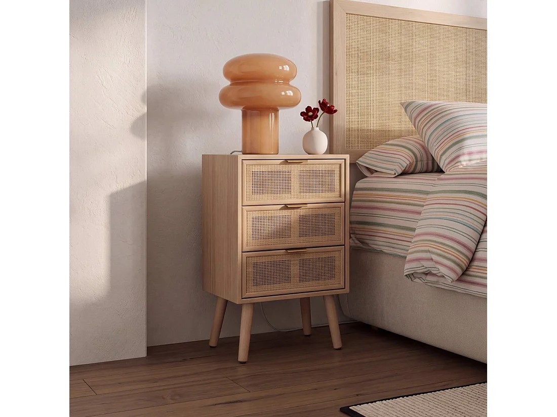 Table de chevet 3 tiroirs en rotin naturel 42x71 cm-Alis