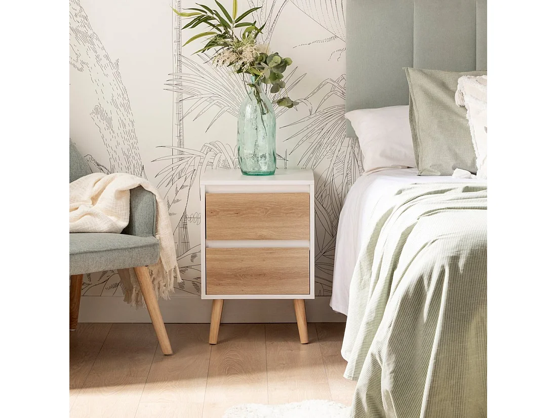 Table de chevet 2 tiroirs en laqué blanco-natural 40x59 cm-Kemi