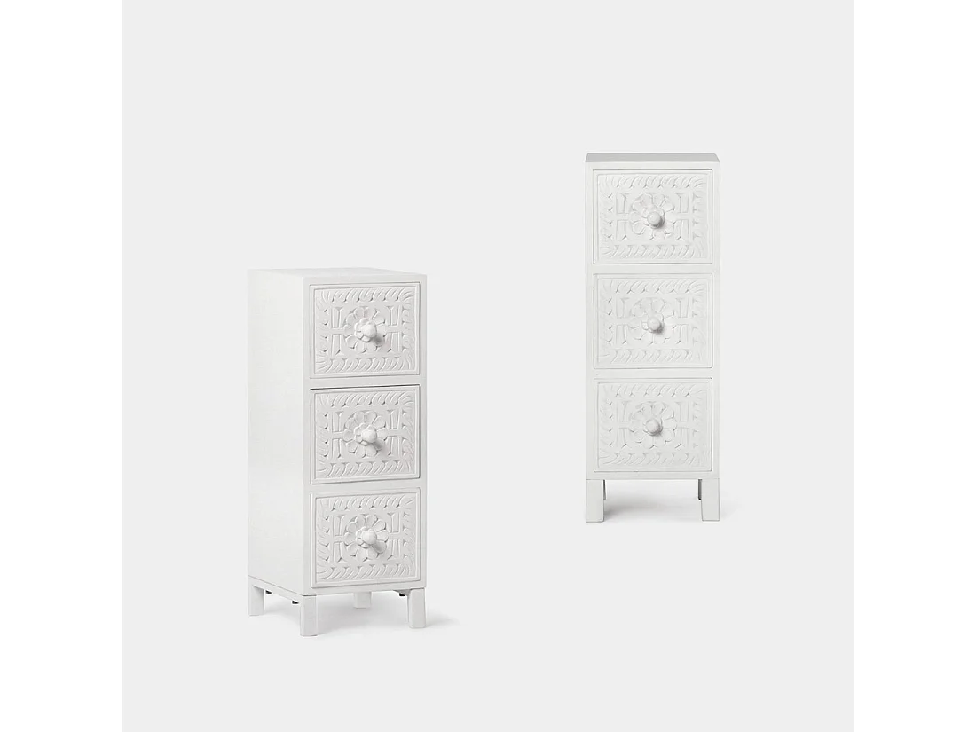 Table de chevet 3 tiroirs en bois blanc décapé 26x70 cm-Iraya