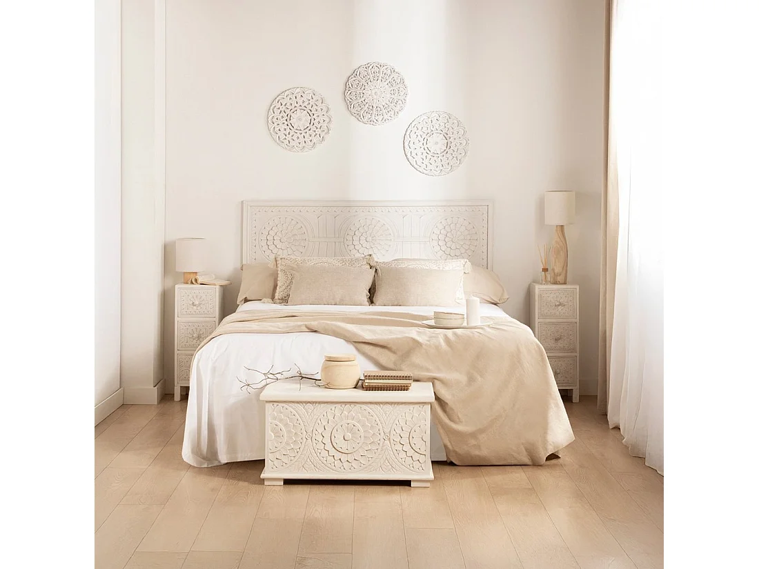 Table de chevet 3 tiroirs en bois blanc décapé 26x70 cm-Iraya