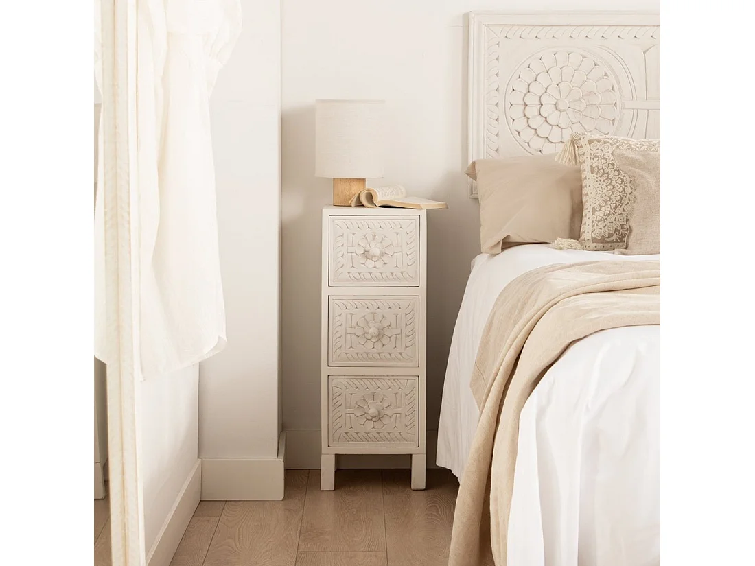 Table de chevet 3 tiroirs en bois blanc décapé 26x70 cm-Iraya