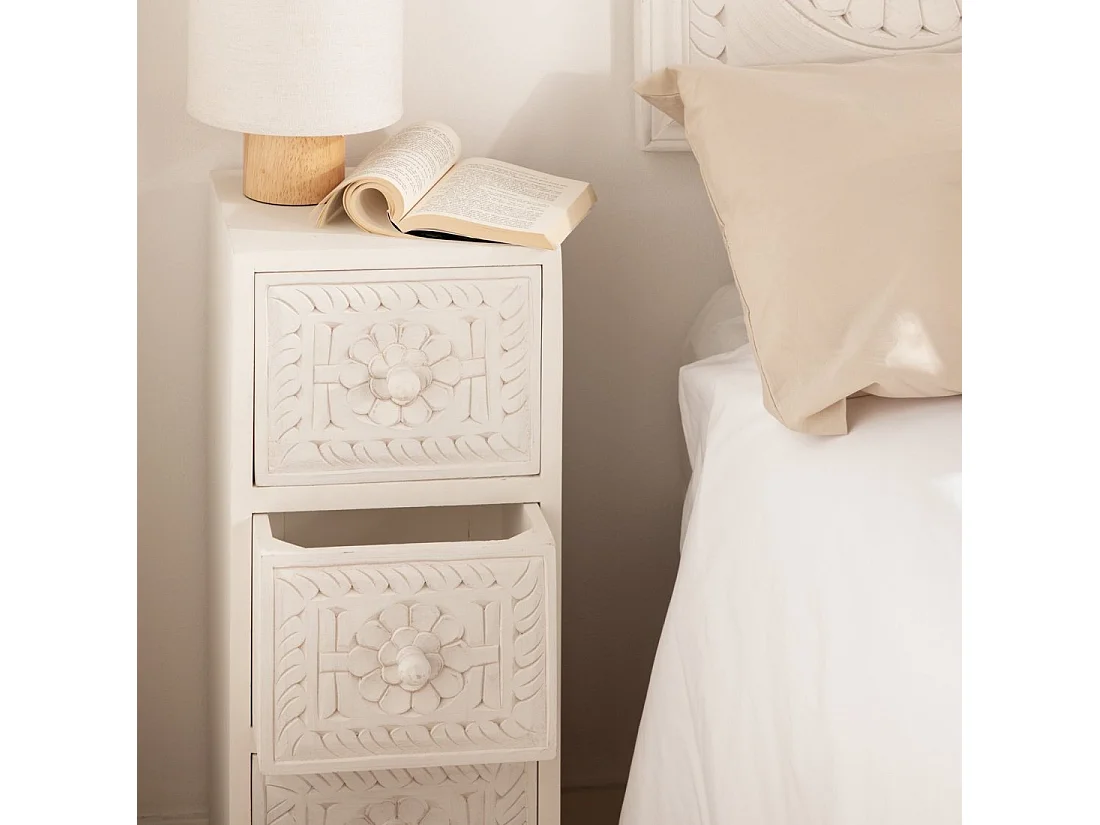 Mesita de noche 3 cajones de Madera Blanco decapado 70 x 26- Iraya