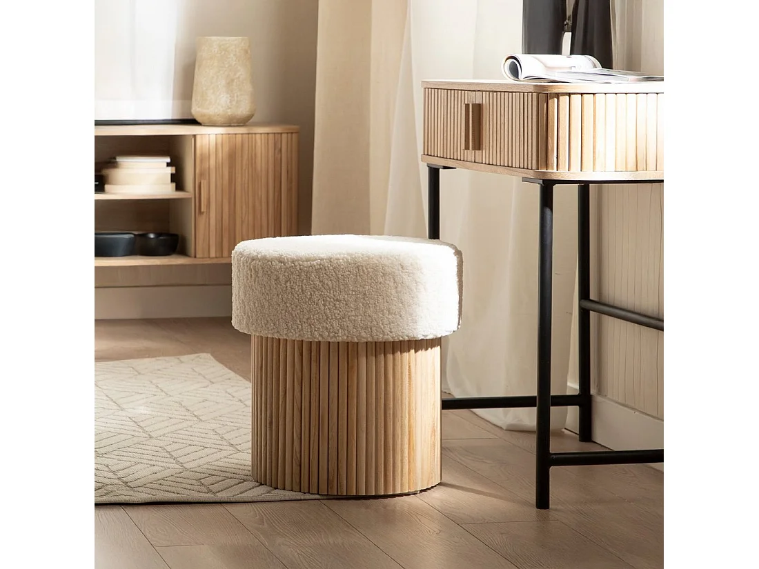 Pouf en revêtement en moutonnet blanc 43x45 cm-Naira