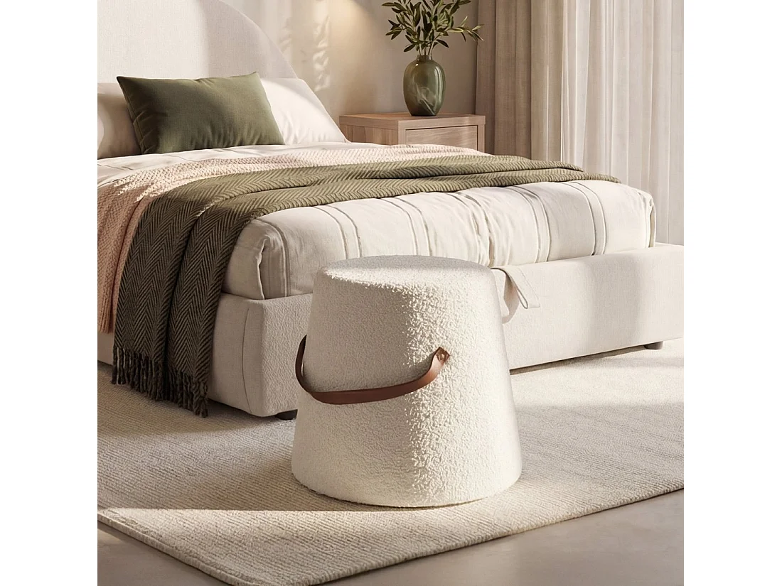 Pouf en revêtement en moutonnet blanc 42x36 cm-Biko