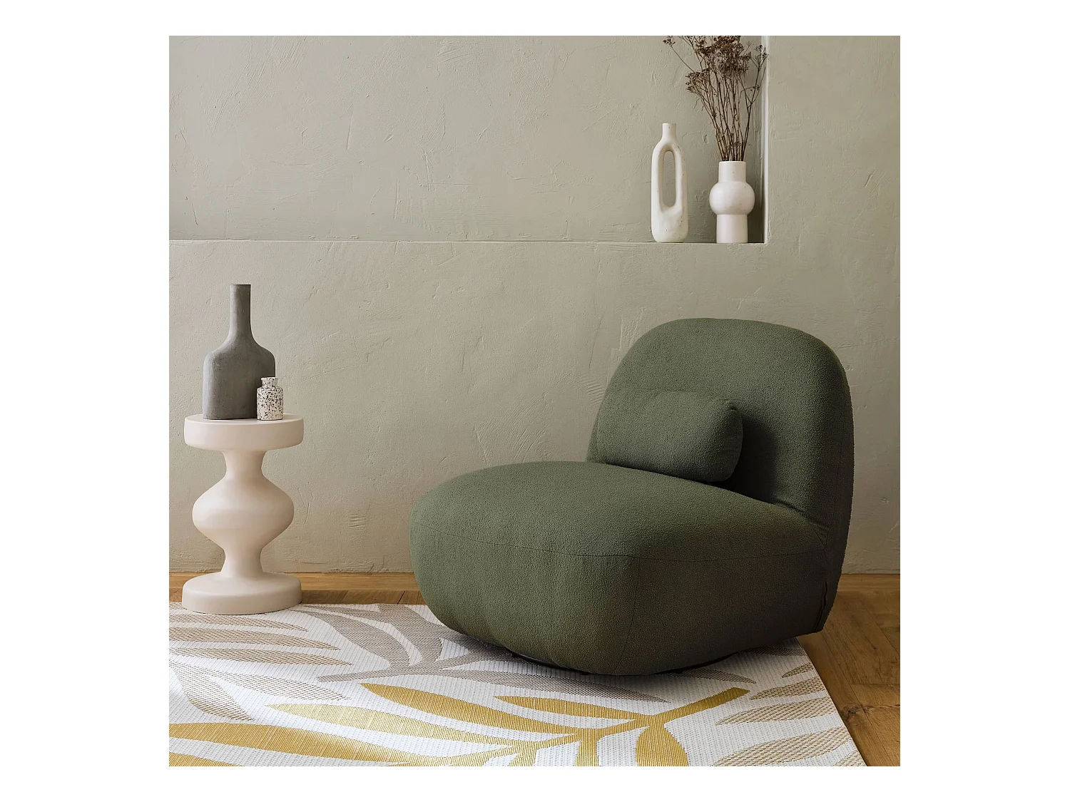 Fauteuil pivotant 360° en bouclette texturée vert kaki foncé . piètement en métal noir mat - SPINO