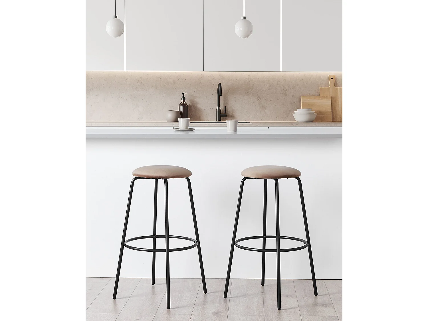 Set van 2 barkrukken MORTON Fluweel Lichtbruin