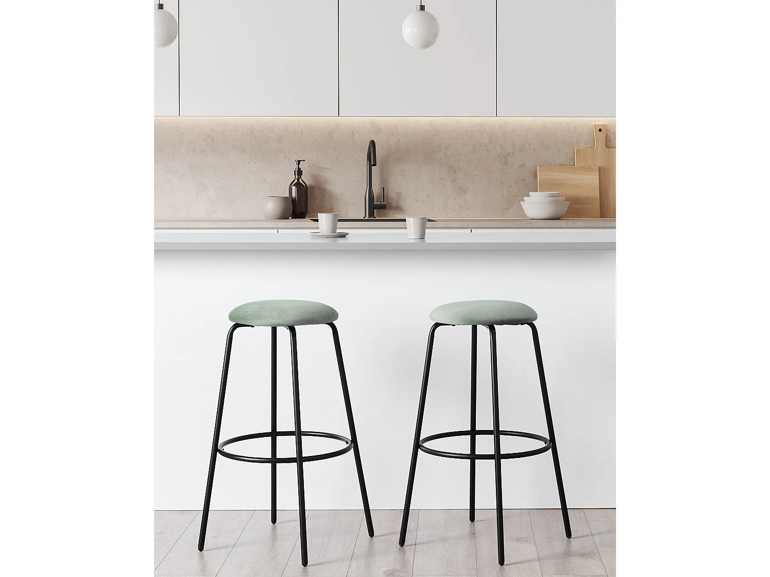 Barhocker 2er Set Samtstoff grün ohne Lehne mit Fußstützen Retro Design Morton