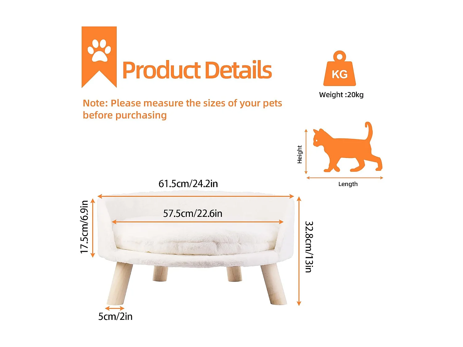 Canapé pour chien lit chien chat surélevé fauteuils pour chiens 61.5x61.5x33cm