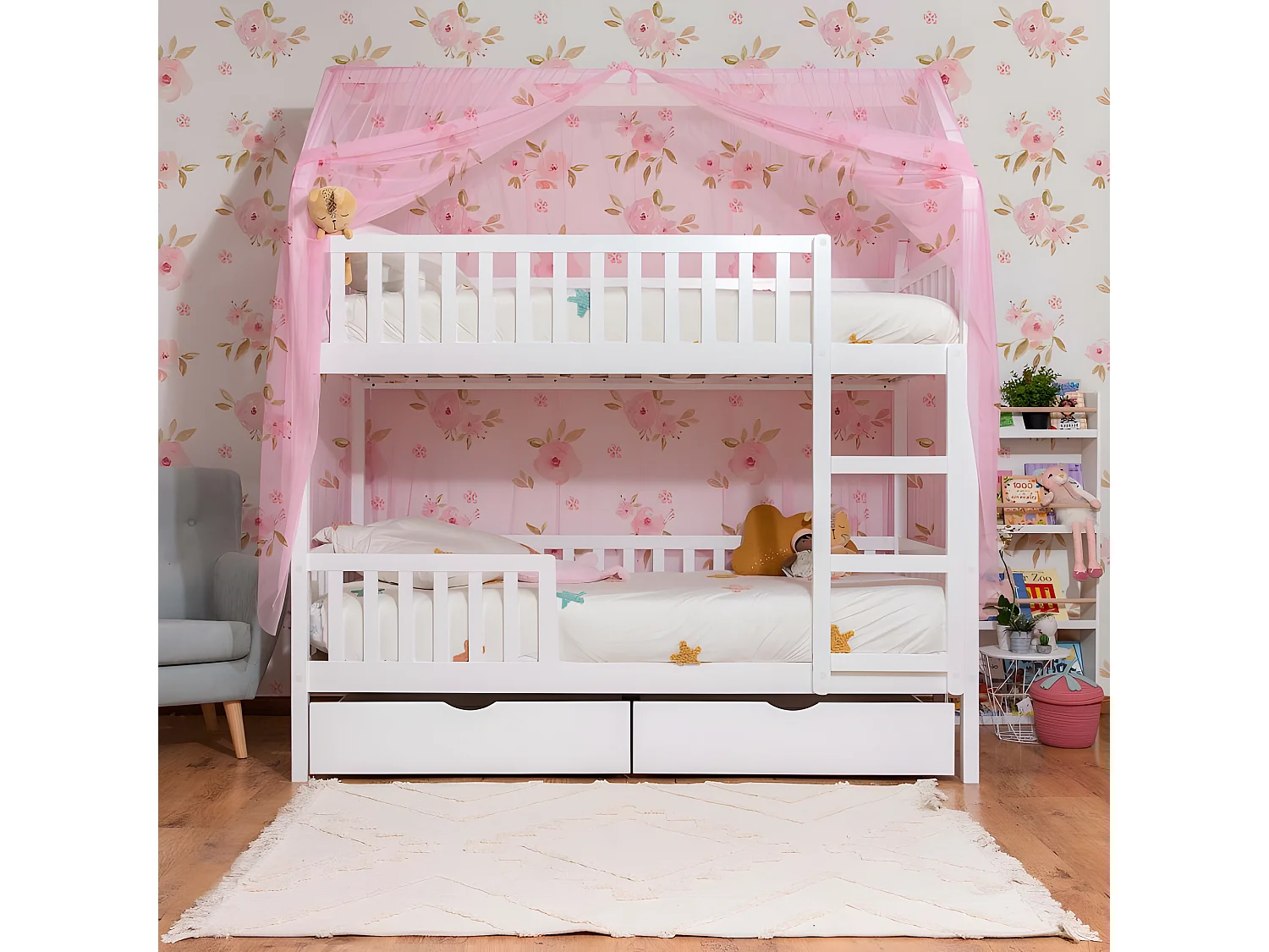 Cobertura do beliche Sawyer em tule rosa 201x201x97cm