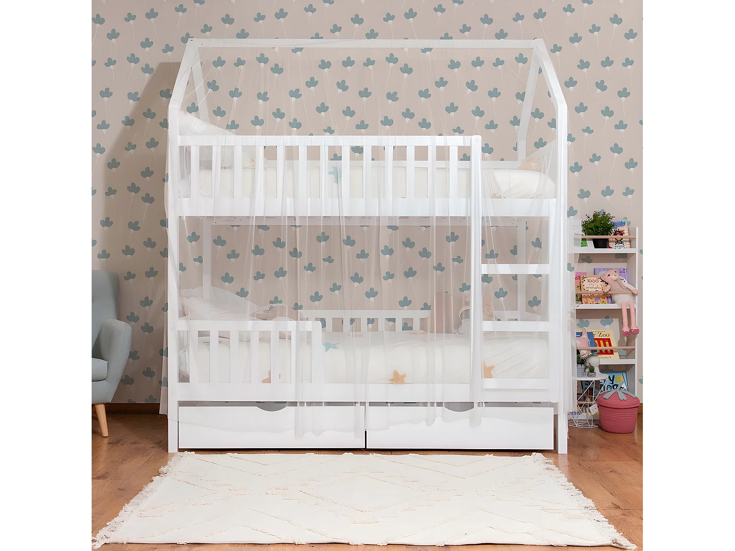 Cobertura da cama de beliche Sawyer em tule branco 201x201x97cm