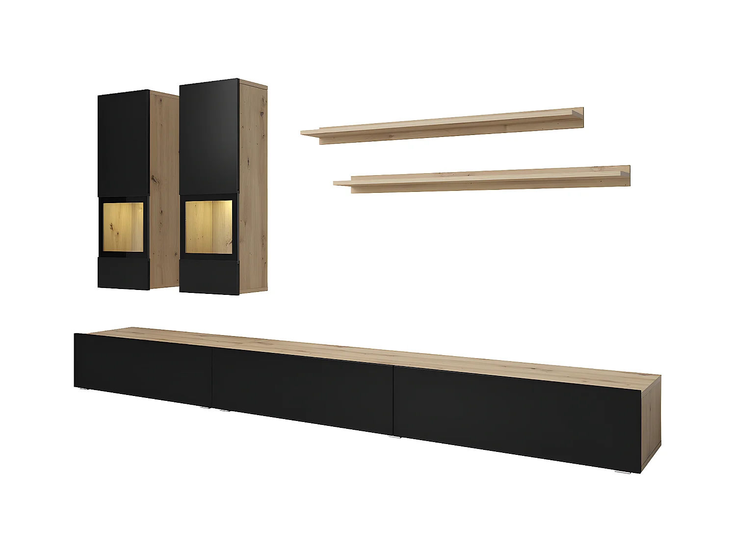Mur TV 5 pièces avec LED Sloan Noir et Bois