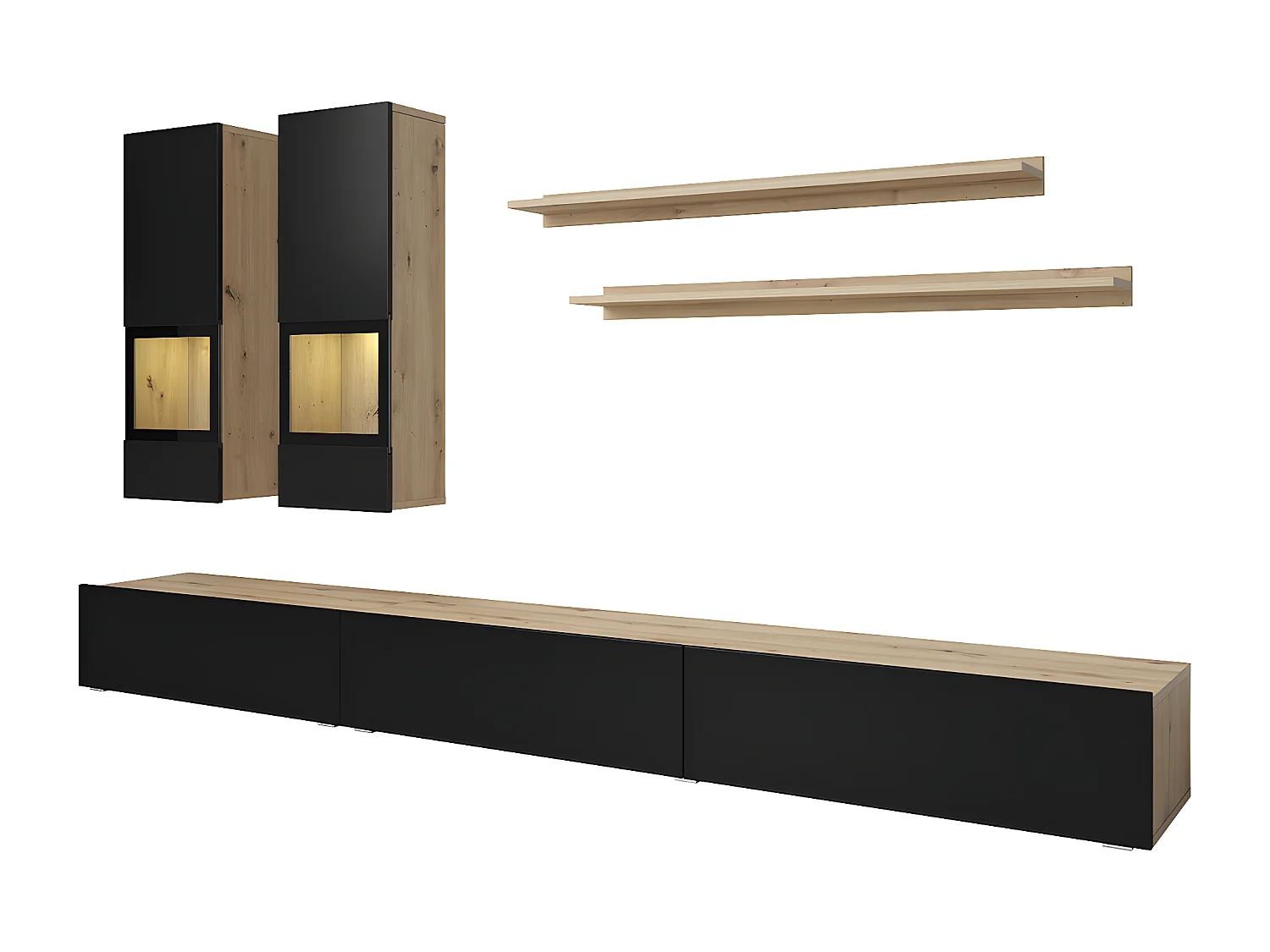 Muro TV 5 piezas con LED Sloan Negro y Madera