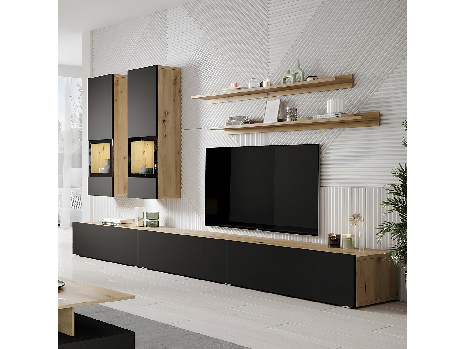 Muro TV 5 piezas con LED Sloan Negro y Madera