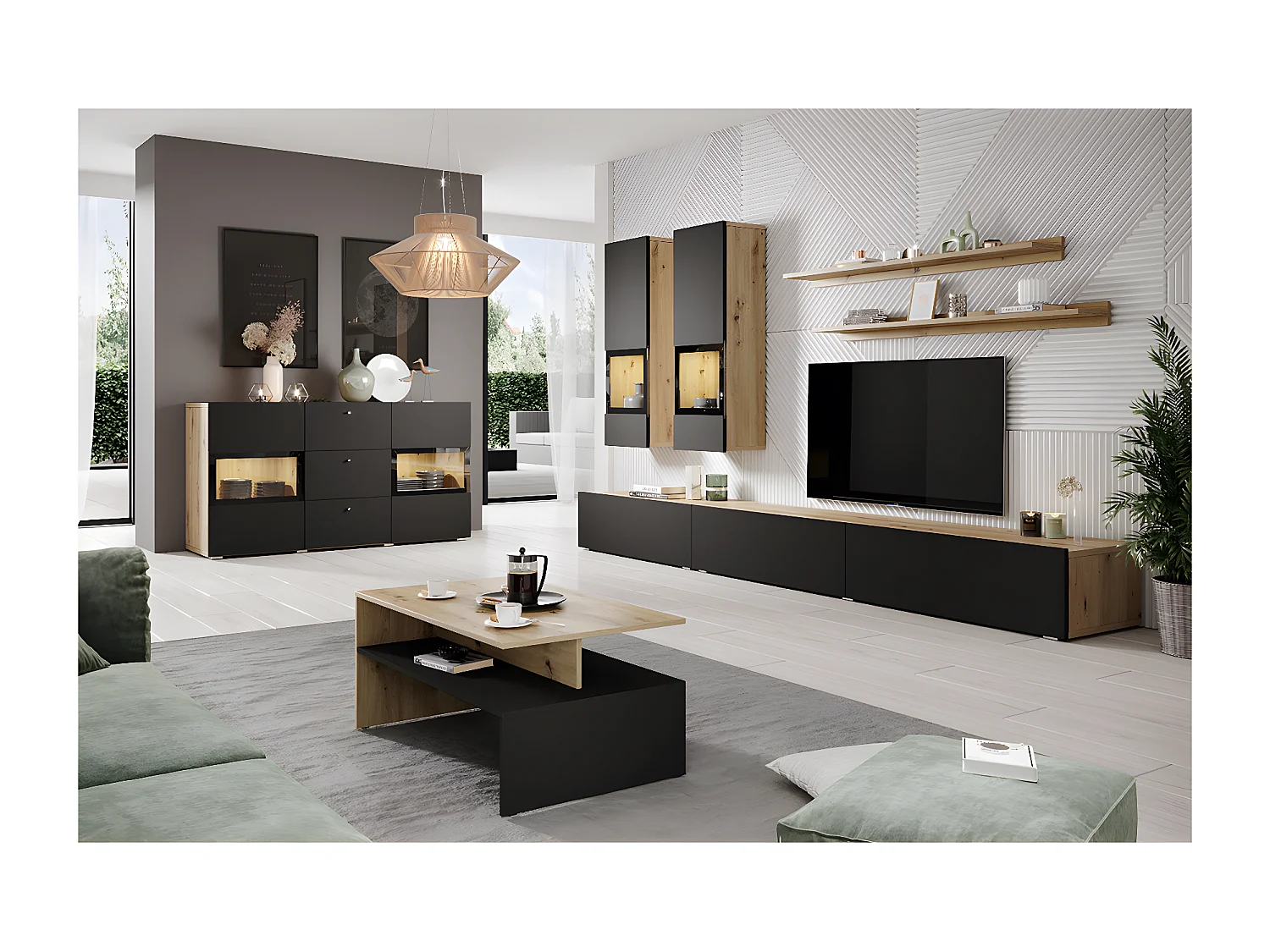 Muro TV 5 piezas con LED Sloan Negro y Madera