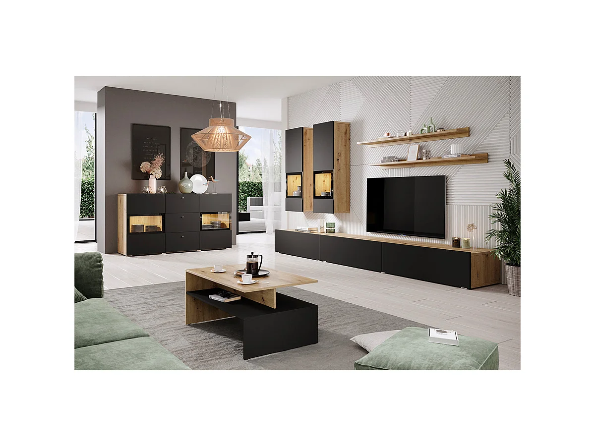 5-piece TV wall with LED Sloan Black and Wood