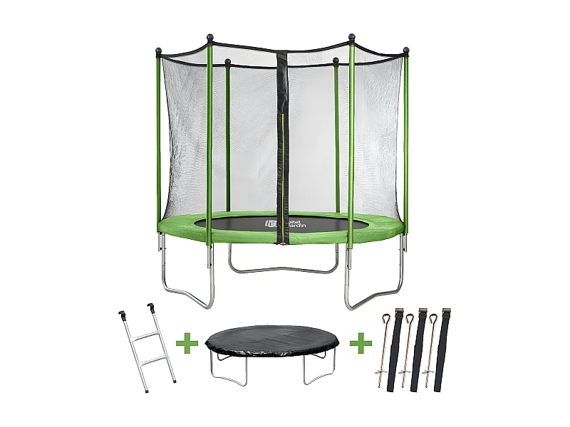 Trampoline " Yoopi " - Ø 2.44 m - Vert - avec filet + échelle + couverture + kit d'ancrage