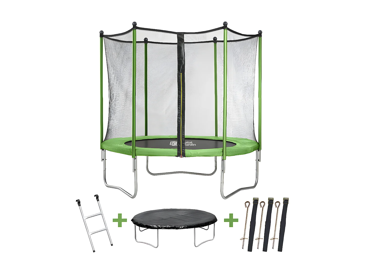 Trampoline " Yoopi " - Ø 2.44 m - Vert - avec filet + échelle + couverture + kit d'ancrage