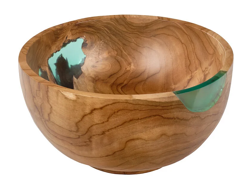 Saladier rond 28 cm bois de teck et résine bleue transparente - ROGUE