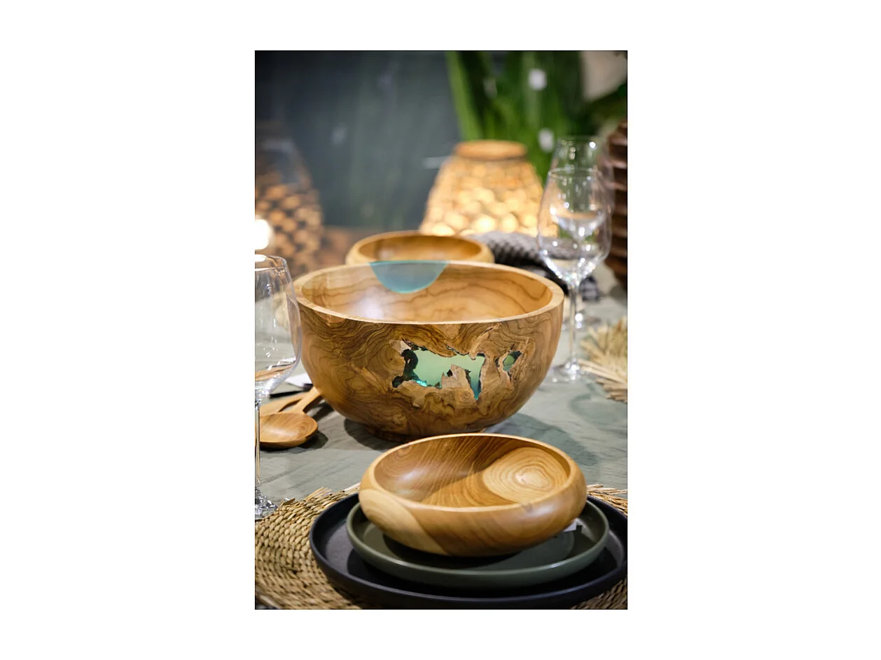 Saladier rond 28 cm bois de teck et résine bleue transparente - ROGUE