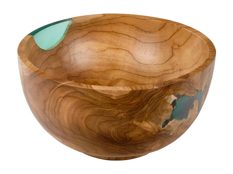 Saladier rond 28 cm bois de teck et résine bleue transparente - ROGUE