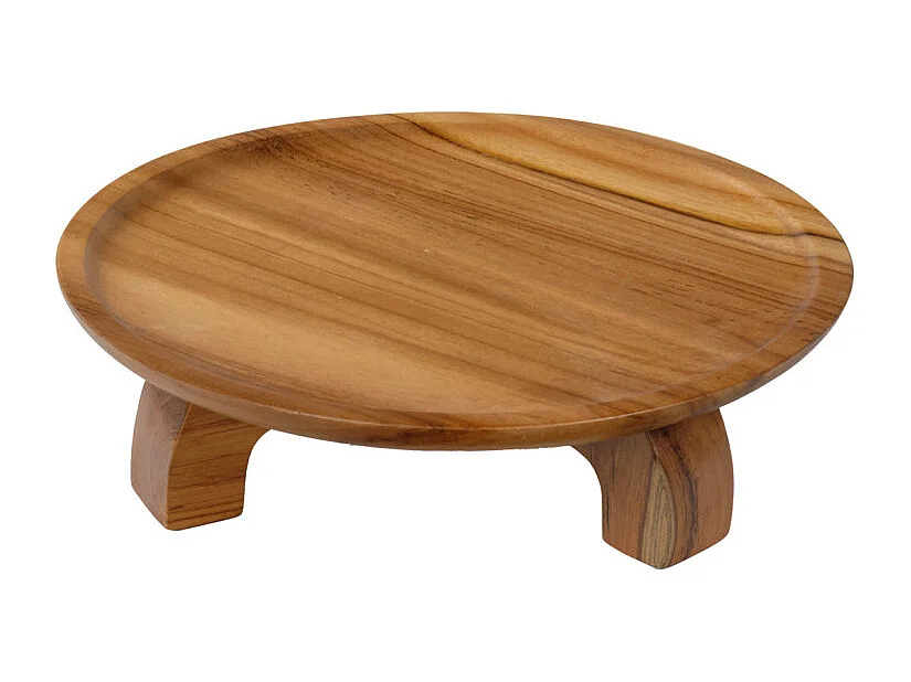 Plateau de présentation rond bois de teck D. 30 cm sur pieds - KESTIS