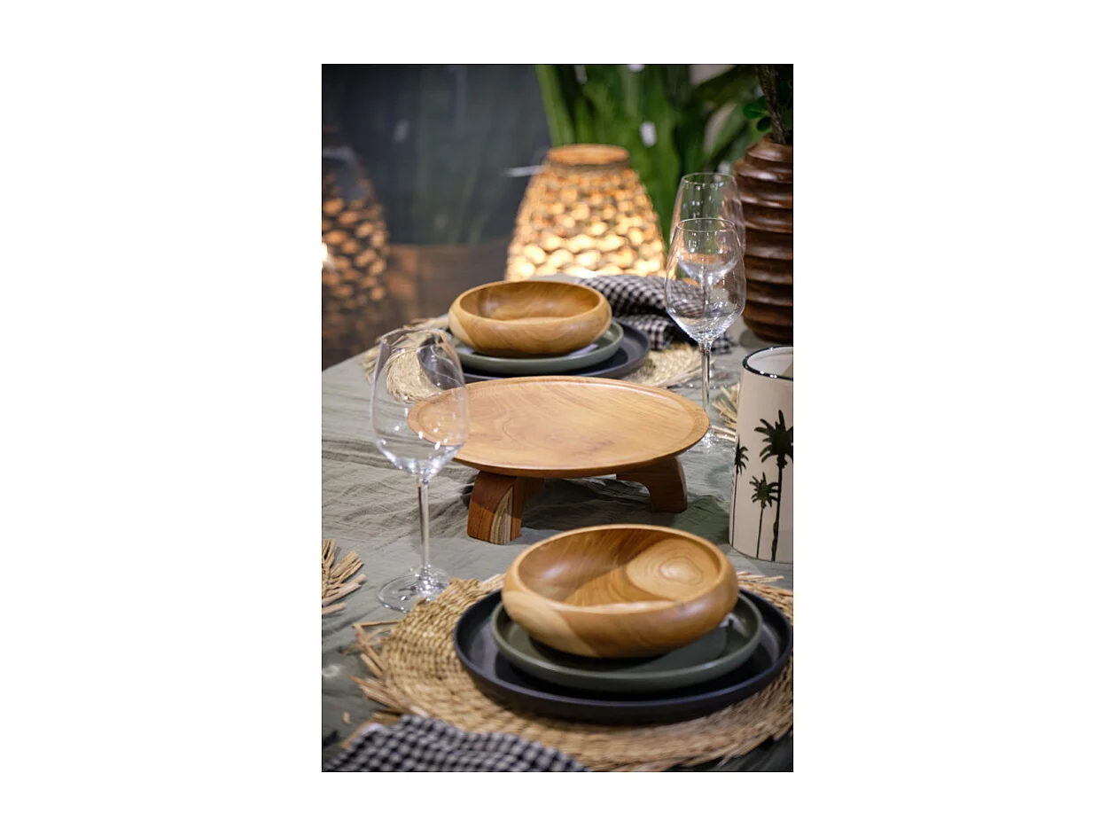 Plateau de présentation rond bois de teck D. 30 cm sur pieds - KESTIS