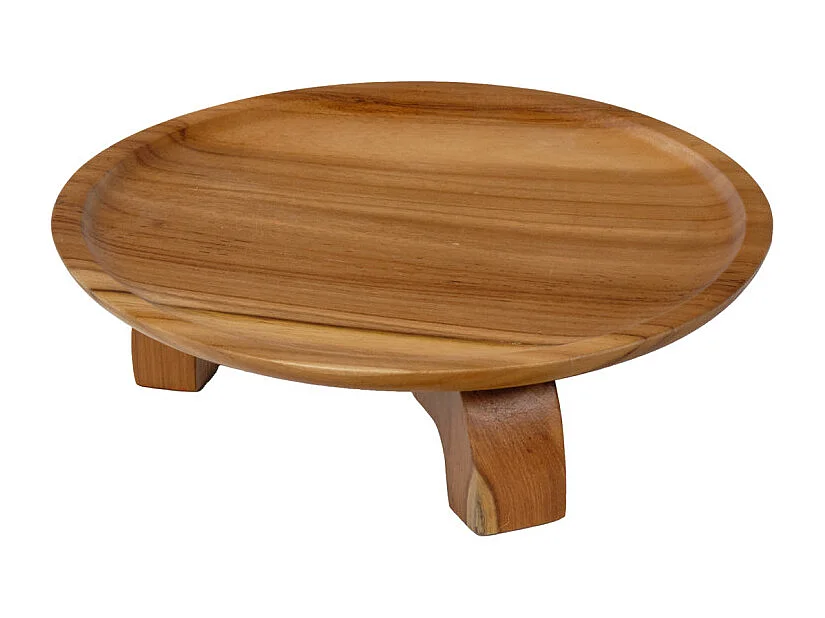Plateau de présentation rond bois de teck D. 30 cm sur pieds - KESTIS
