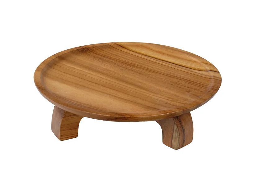 Plateau de présentation rond bois de teck D. 30 cm sur pieds - KESTIS