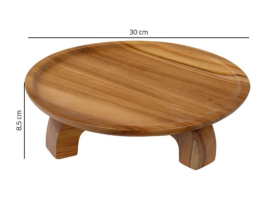 Plateau de présentation rond bois de teck D. 30 cm sur pieds - KESTIS