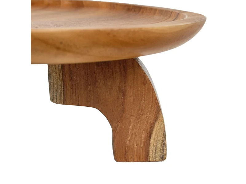 Plateau de présentation rond bois de teck D. 30 cm sur pieds - KESTIS