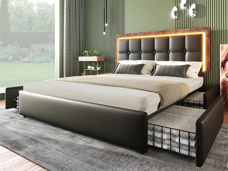 Gepolstertes Bett mit LED und 4 Schubladen - 140x200 cm - Höhenverstellbares Kopfteil - in schwarzem Kunstleder
