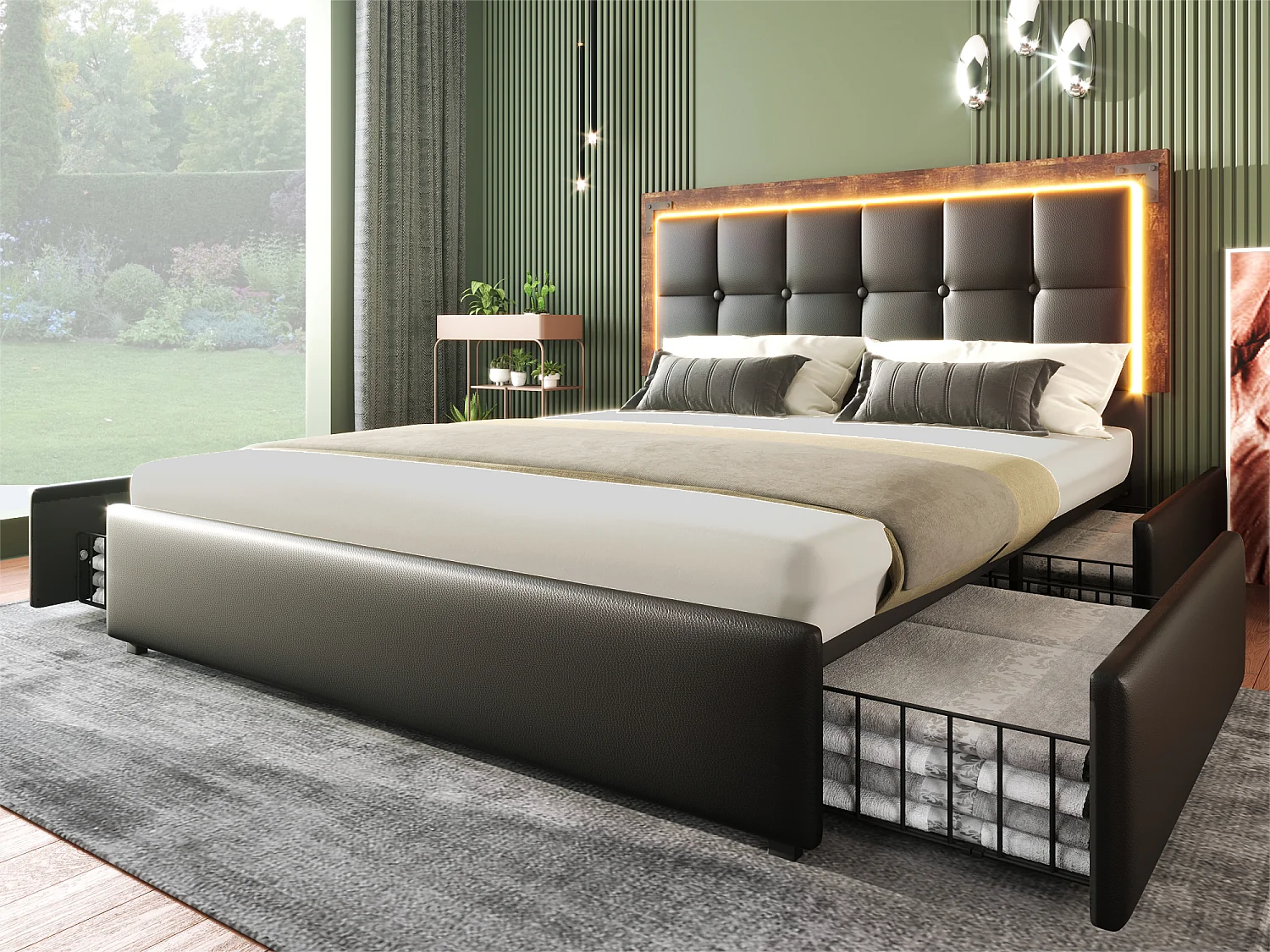 Lit rembourré avec LED et 4 tiroirs - 140x200 cm - tête de lit réglable en hauteur - en similicuir noir