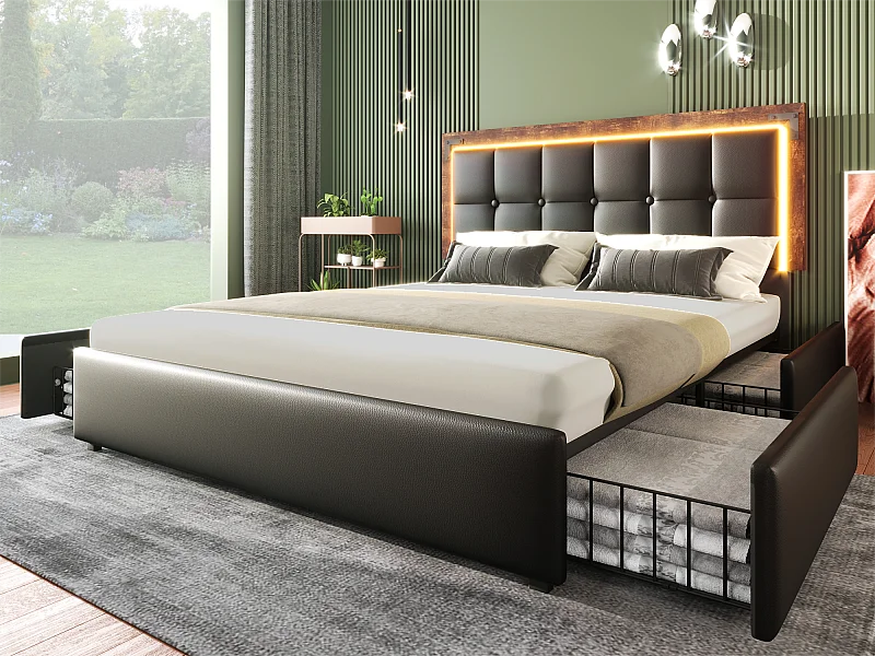 Gestoffeerd bed met LED-verlichting en 4 laden - 140x200 cm - Hoofdeinde in hoogte verstelbaar - in zwart kunstleer