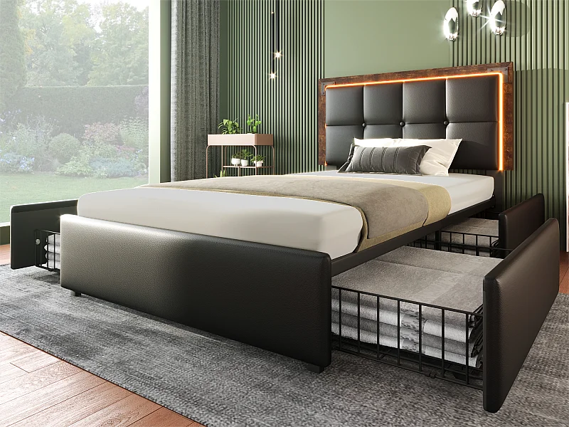 Lit rembourré avec LED et 4 tiroirs - 90x200 cm - tête de lit réglable en hauteur - en similicuir noir