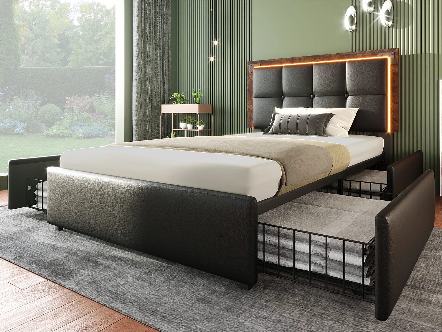 Gestoffeerd bed met LED-verlichting en 4 laden - 90x200 cm - Hoofdeinde in hoogte verstelbaar - in zwart kunstleer