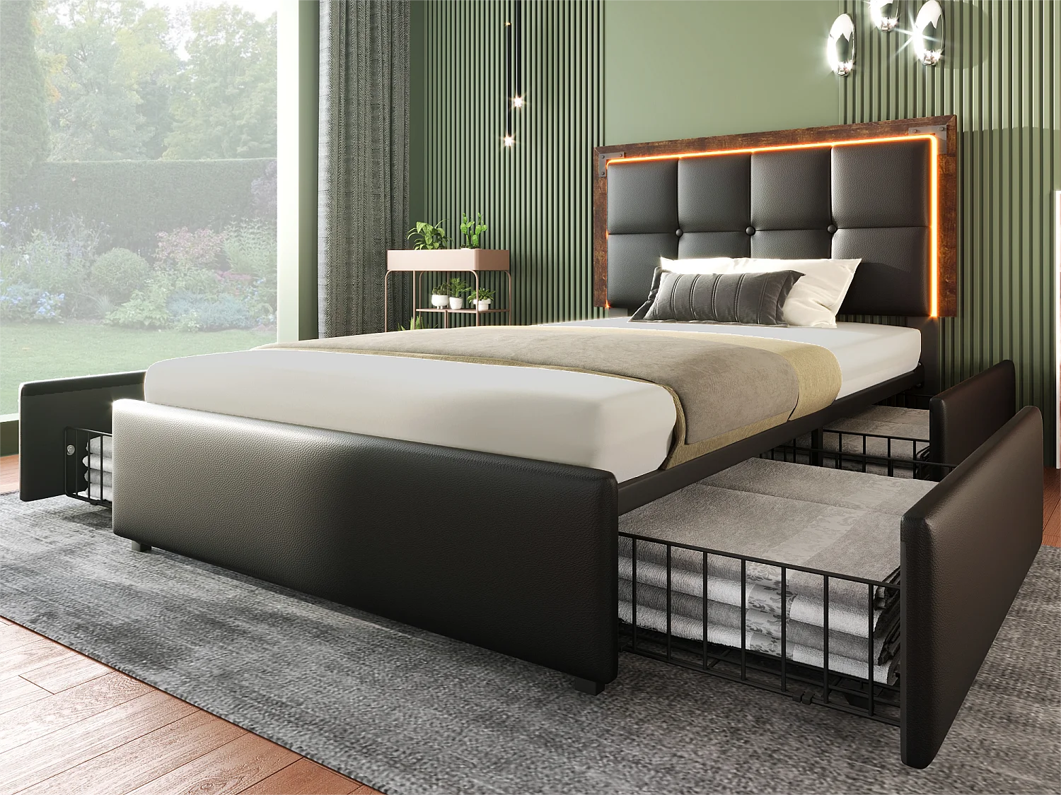 Gepolstertes Bett mit LED und 4 Schubladen - 90x200 cm - Höhenverstellbares Kopfteil - in schwarzem Kunstleder