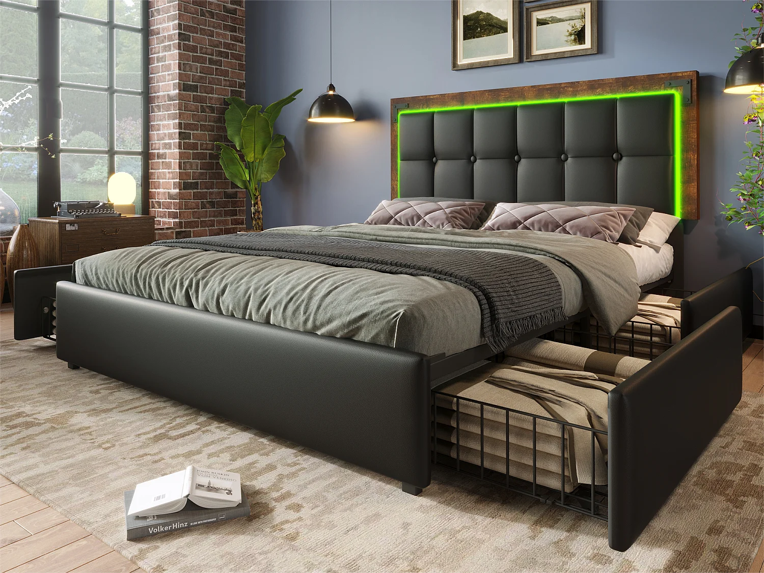 Letto imbottito con LED e 4 cassetti - 160x200 cm - testiera regolabile in altezza - in similpelle nera