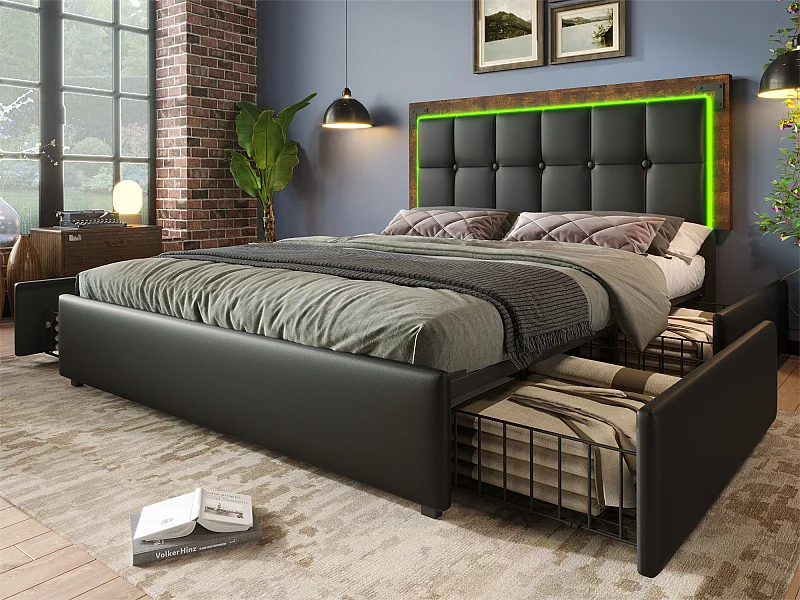 Lit rembourré avec LED et 4 tiroirs - 160x200 cm - tête de lit réglable en hauteur - en similicuir noir