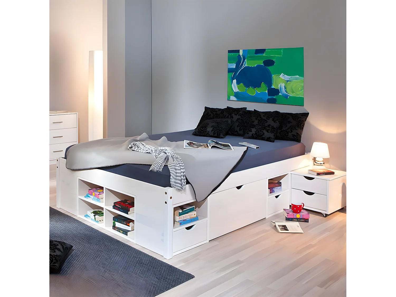 ALASKA - Pack Lit 140x200cm Multi-Rangements + Armoire 4 Portes