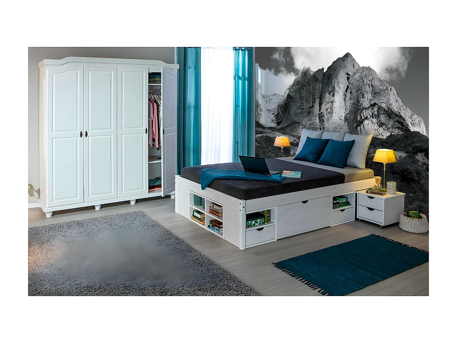 ALASKA - Pack Lit 160x200cm Multi-Rangements + Armoire 4 Portes