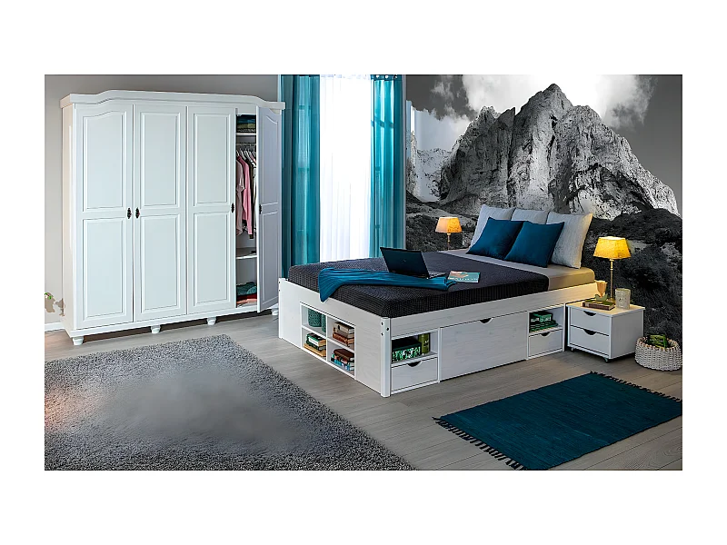 ALASKA - Pack Lit 140x190cm Multi-Rangements + Armoire 4 Portes