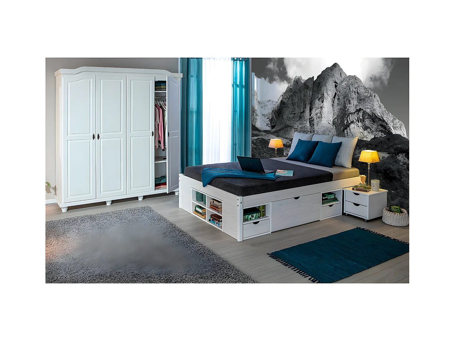 ALASKA - Pack Lit 140x190cm Multi-Rangements + Armoire 4 Portes