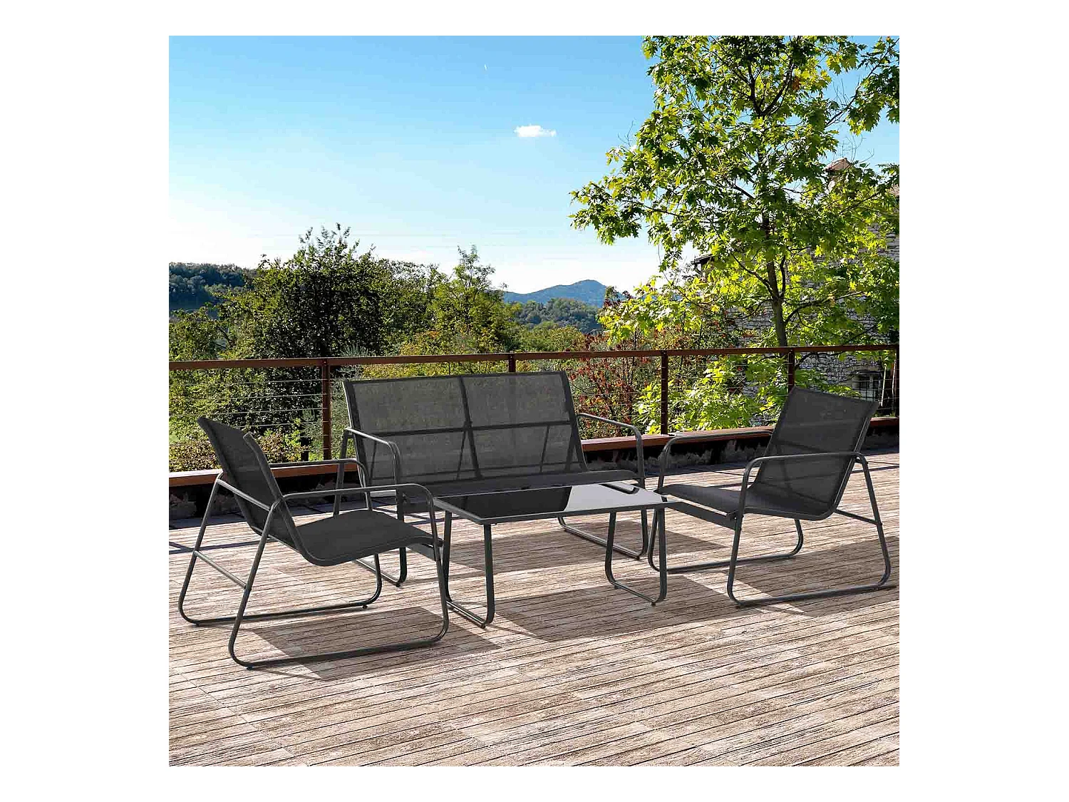 Set da giardino divano, 2 poltrone, tavolino metallo e vetro temperato