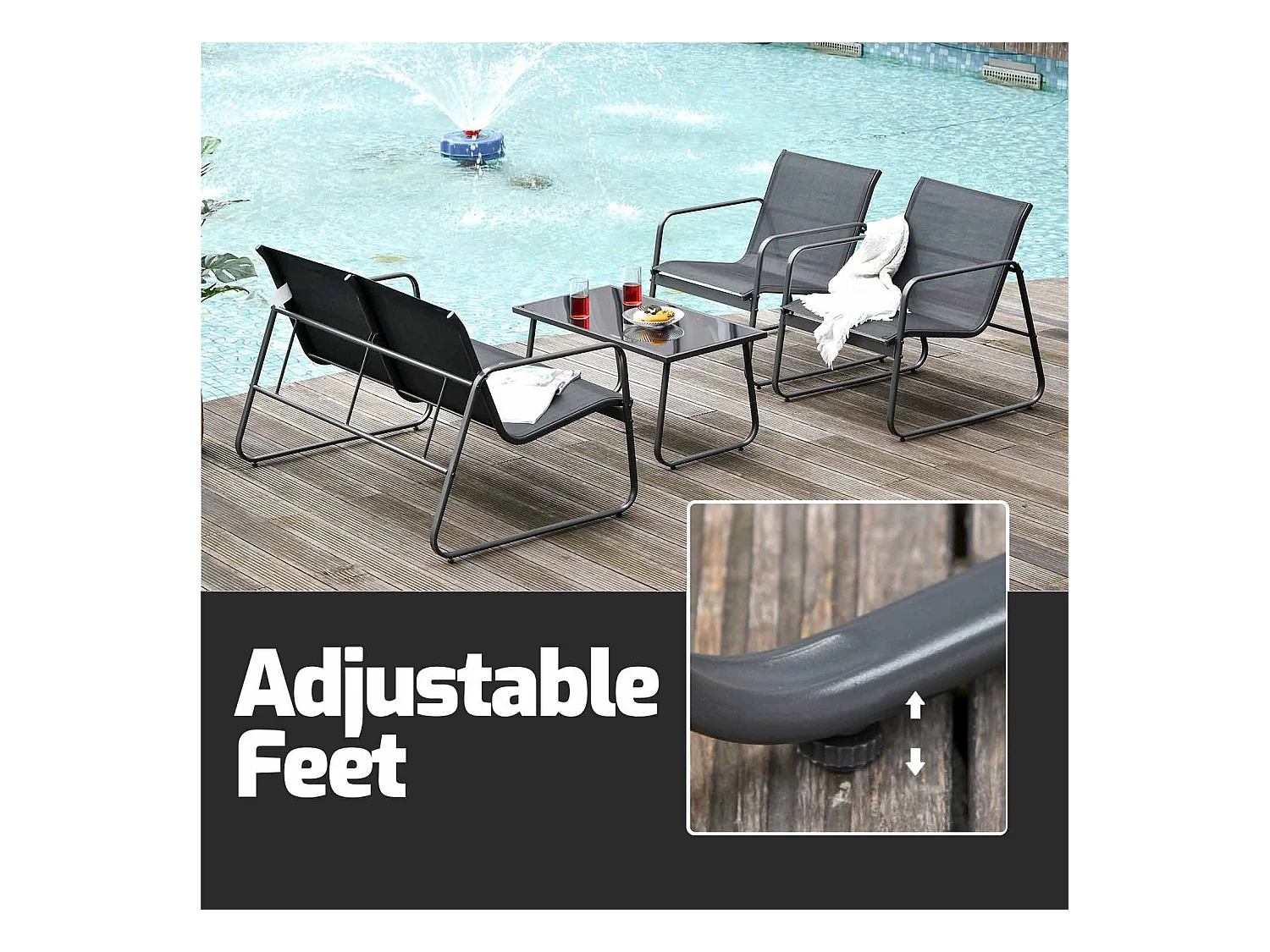 Set da giardino divano, 2 poltrone, tavolino metallo e vetro temperato