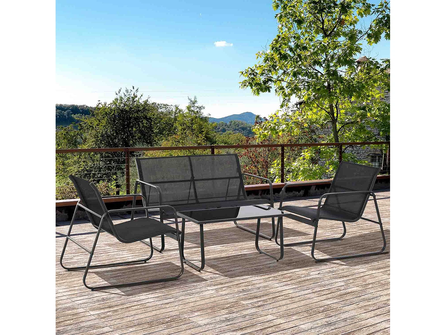 Sakura - Salon de jardin design avec canapé + 2 fauteuils + table basse avec étagère en verre